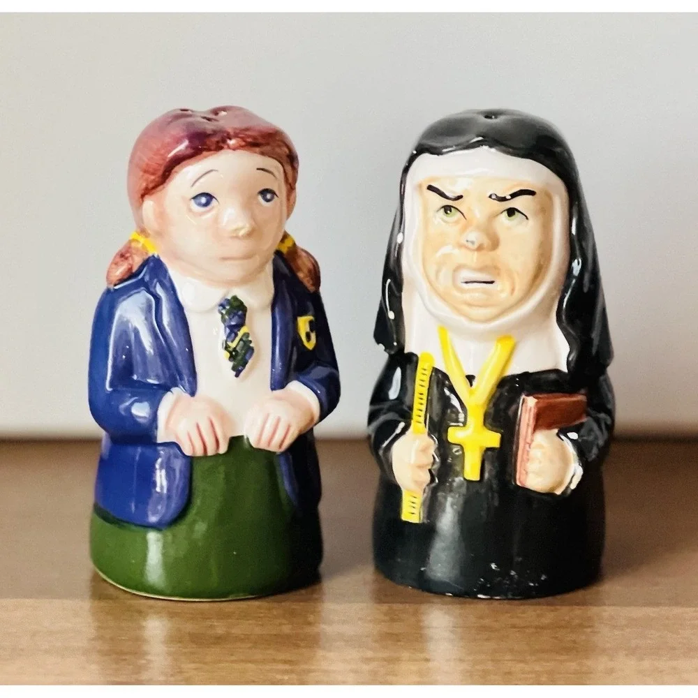 Nun & Catholic School Girl Salt & Pepper Shakers Ceramic Church Religion Vintage
